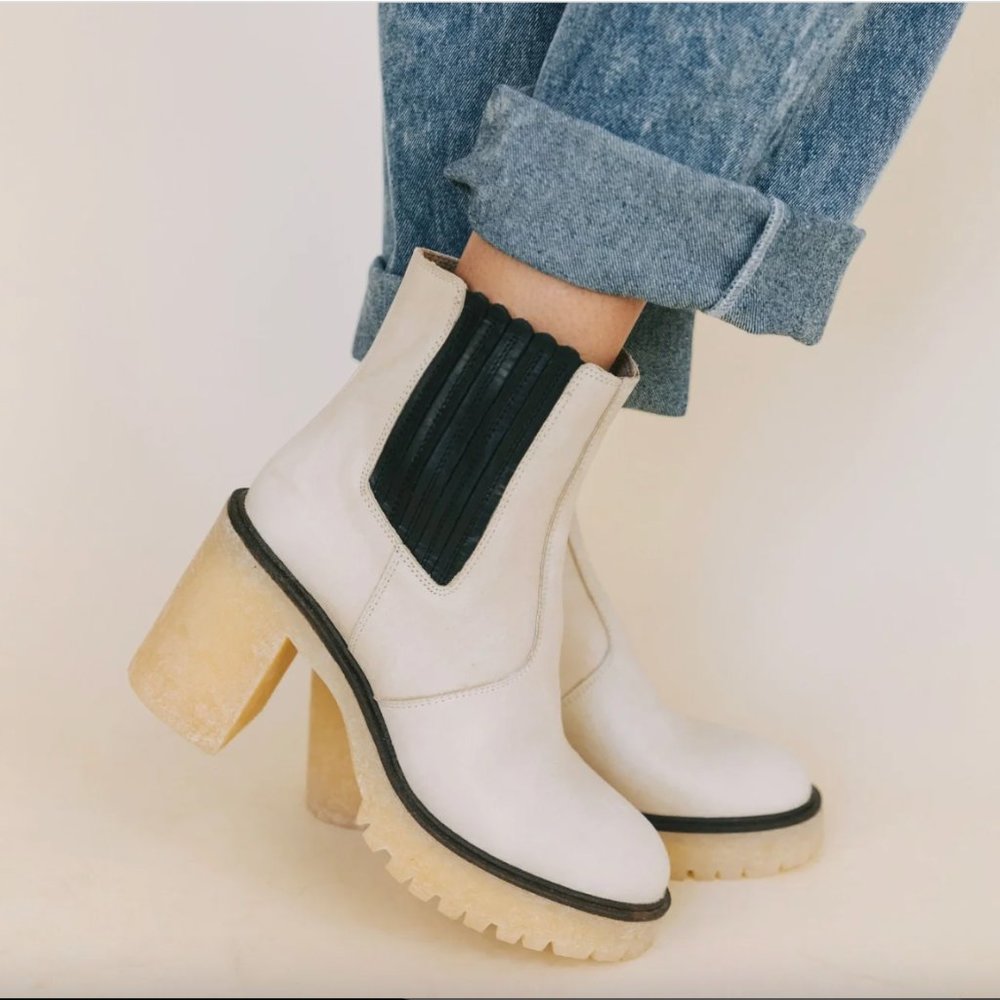 Free People White Chelsea Lug Heel Boots with Black Elastic